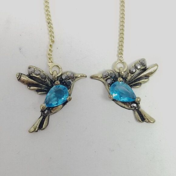 Vintage Hummingbird Threader Chain Earrings, Blue Rhinestone Gold Tone Chain - Picture 1 of 5